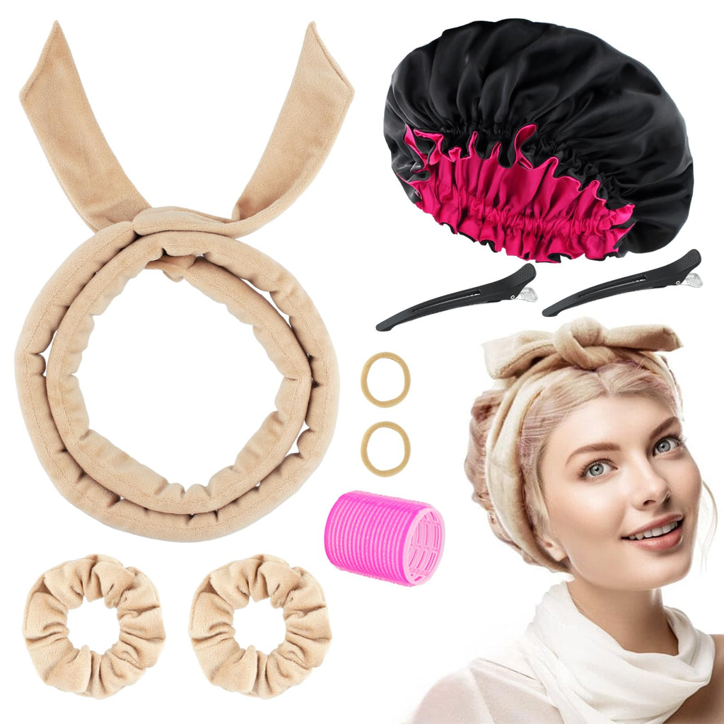 Kit de boucles sans chaleur beige porté sur la tête, avec bonnet de nuit en satin noir et accessoires