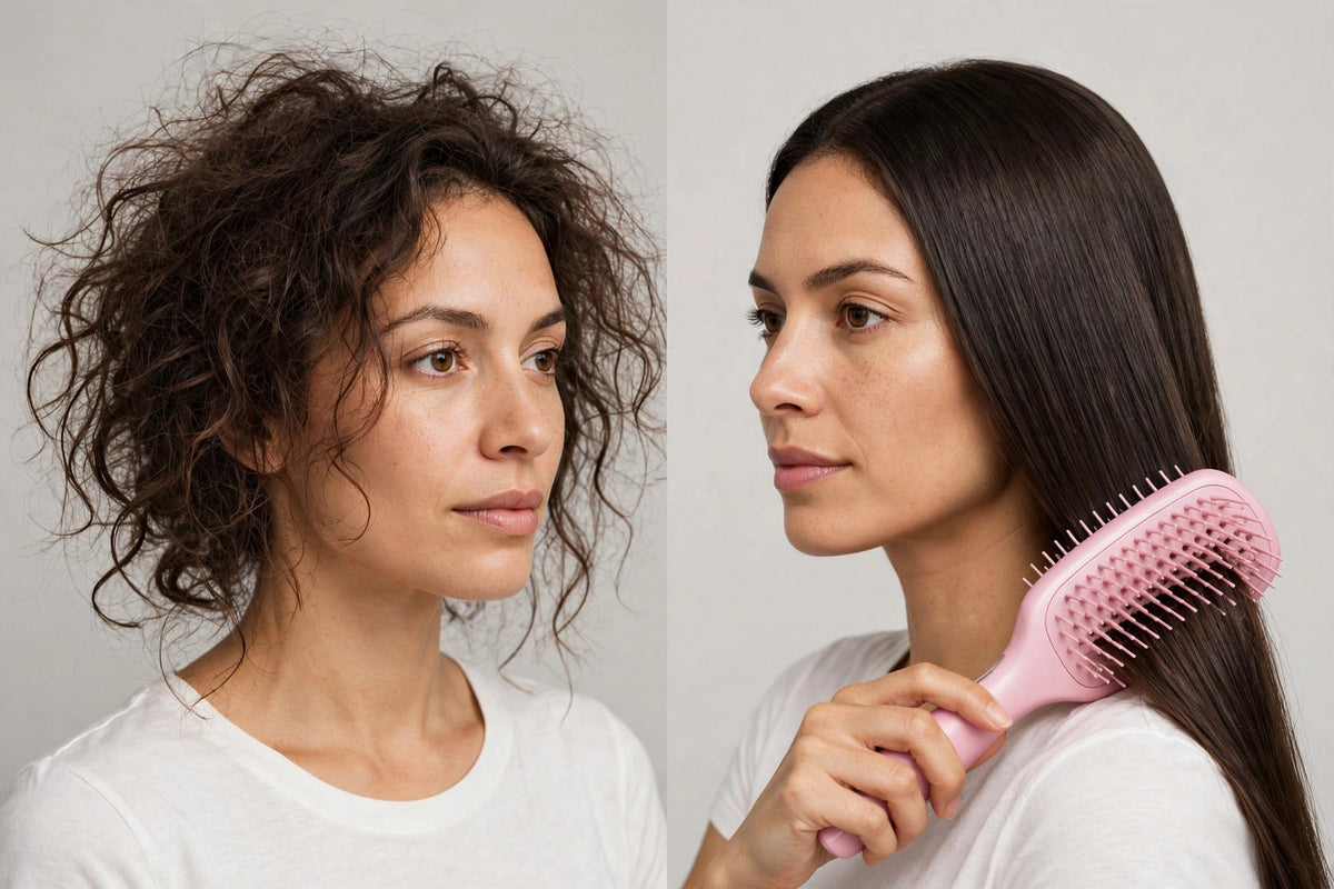 Avant et après : cheveux emmêlés puis lisses et démêlés