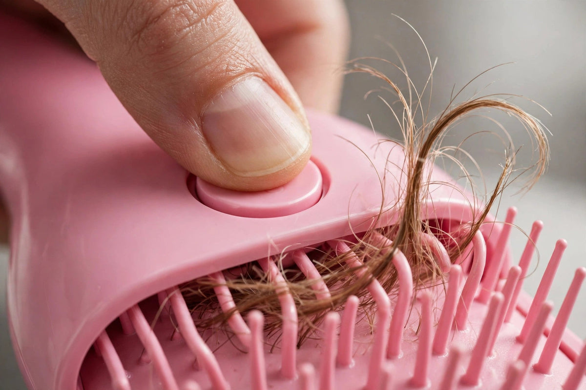 Bouton autonettoyant en action : les cheveux se retirent des picots en un clic