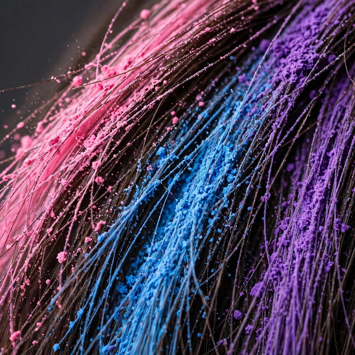 Mèches de cheveux colorées rose, bleu et violet – résultat des craies