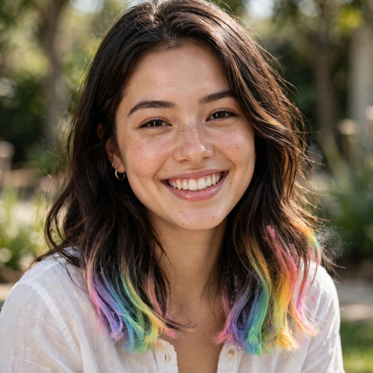 Jeune femme aux cheveux colorés arc-en-ciel avec les craies temporaires