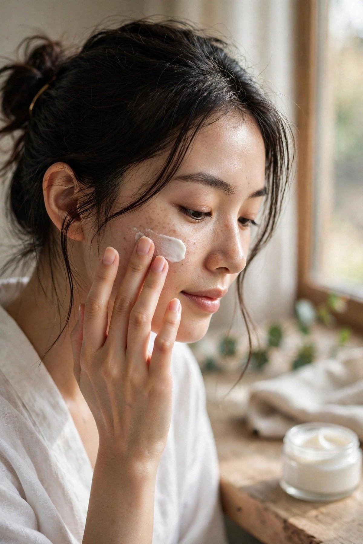 Femme appliquant la crème correctrice sur son visage