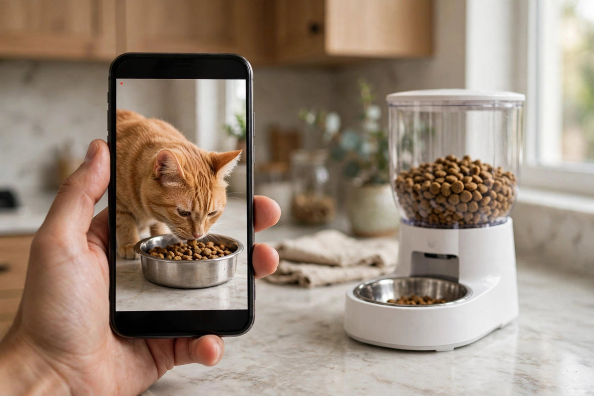 Application du distributeur sur smartphone affichant la vidéo en direct d'un chat qui mange