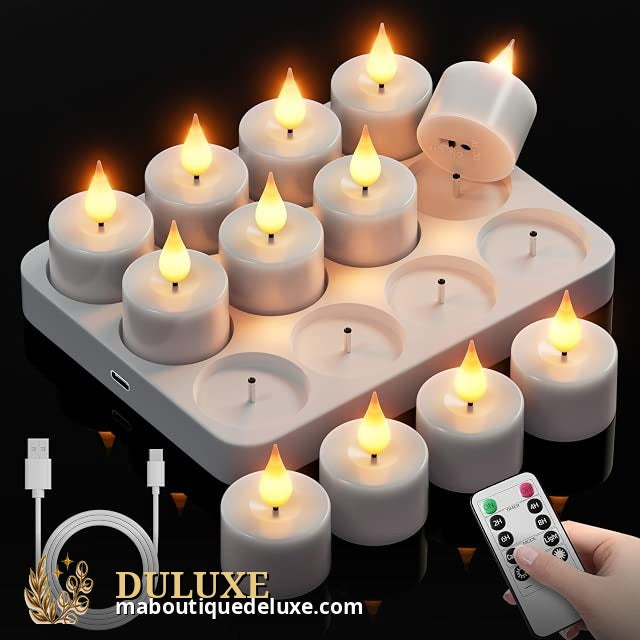 Bougies chauffe-plat LED sur une table, ambiance dorée et chaleureuse