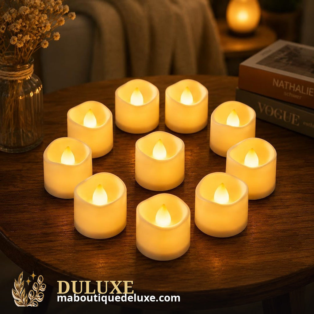 Bougies chauffe-plat LED allumées dans un salon cocooning