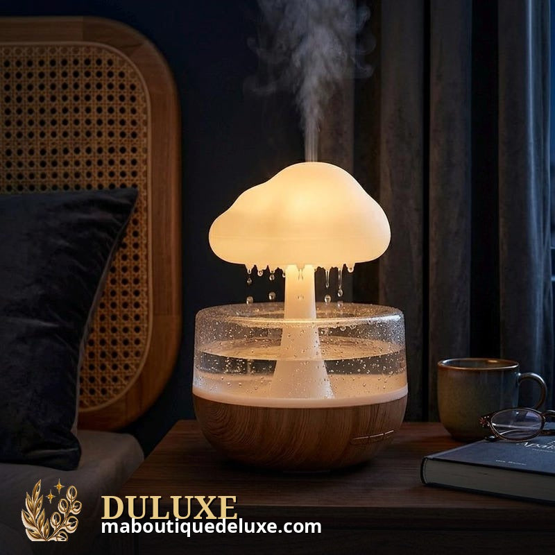 Humidificateur nuage de pluie posé sur une table de chevet, ambiance cocooning du soir