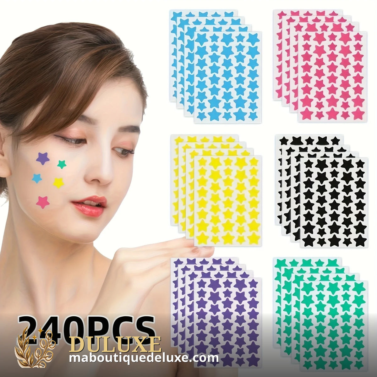 Patchs anti-boutons hydrocolloïdes en forme d'étoile portés sur la joue
