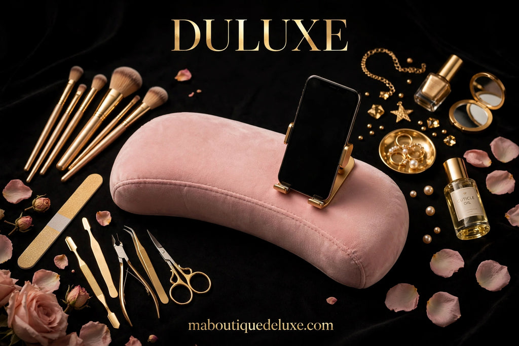 Repose-Bras Manucure Réglable avec Support Téléphone — avant le rituel beauté, accessoires dorés