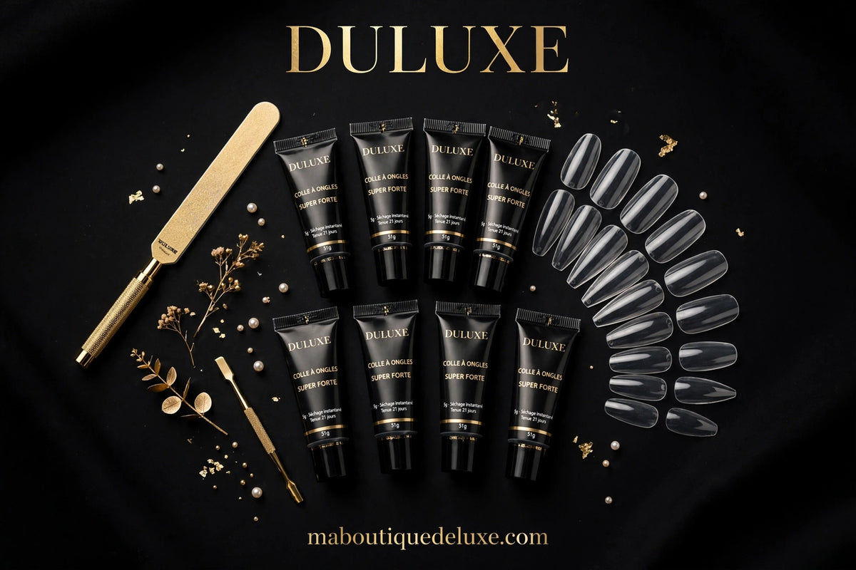 Colle à Ongles Super Forte — lot complet étalé avec capsules