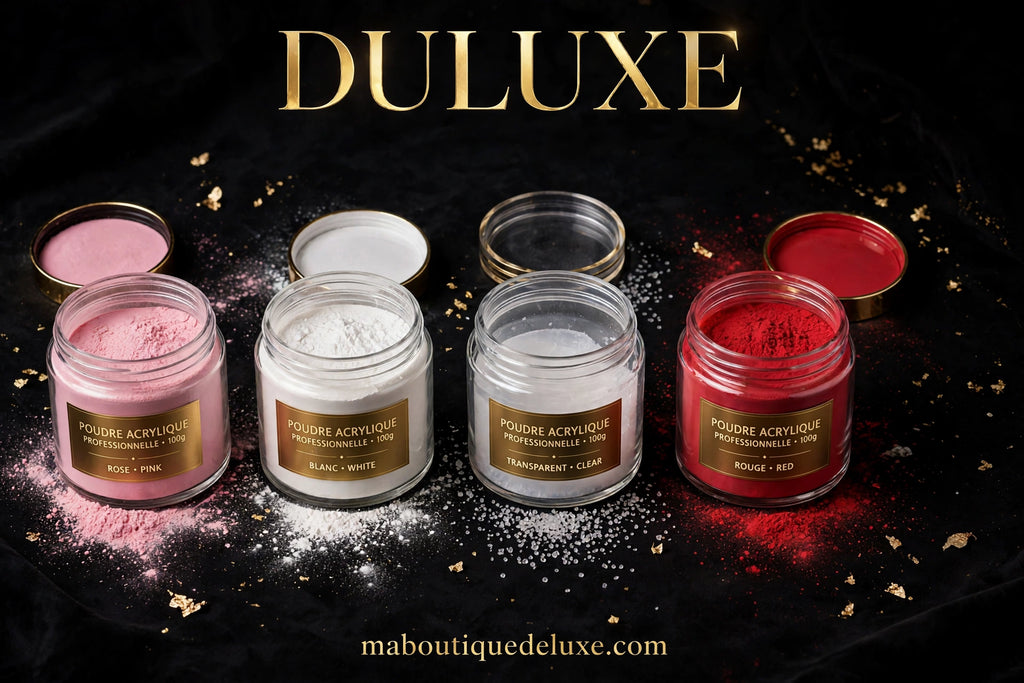 Poudre Acrylique Professionnelle 100g — plusieurs pots de teintes étalés proprement
