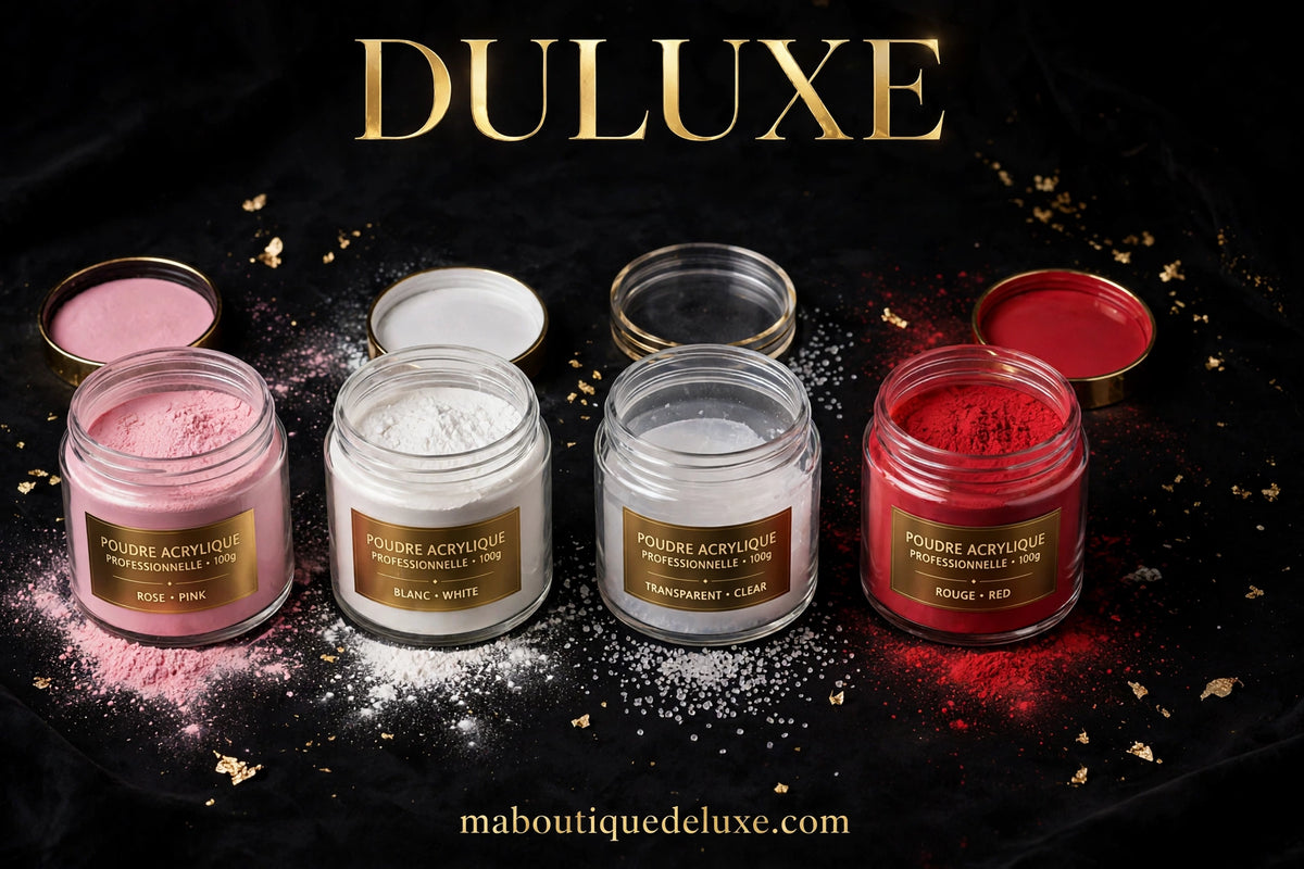 Poudre Acrylique Professionnelle 100g — plusieurs pots de teintes étalés proprement