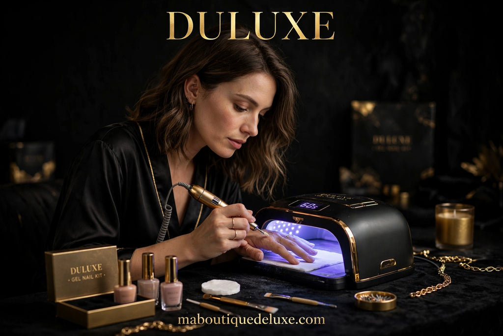 Kit Complet Manucure Gel LIMEGIRL (Lampe + Perceuse) — en situation d'usage, manucure gel à la maison