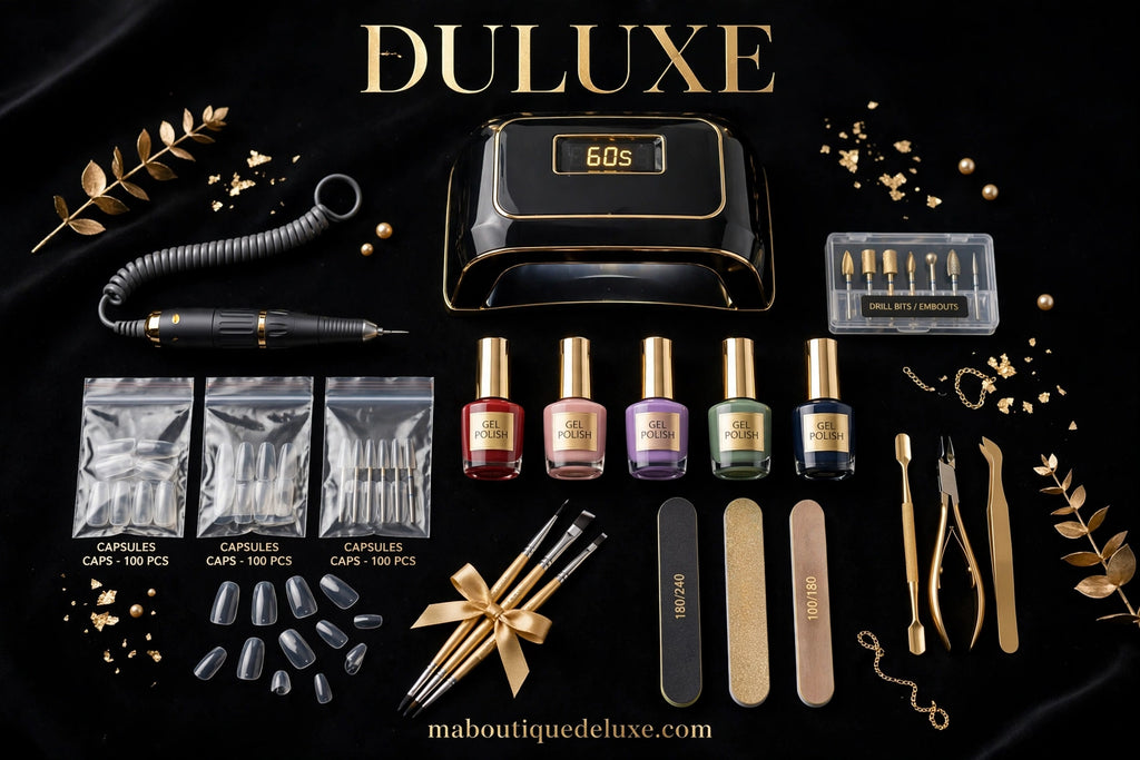 Kit Complet Manucure Gel LIMEGIRL (Lampe + Perceuse) — contenu complet du kit étalé proprement