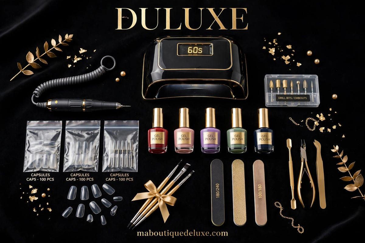 Kit Complet Manucure Gel LIMEGIRL (Lampe + Perceuse) — contenu complet du kit étalé proprement