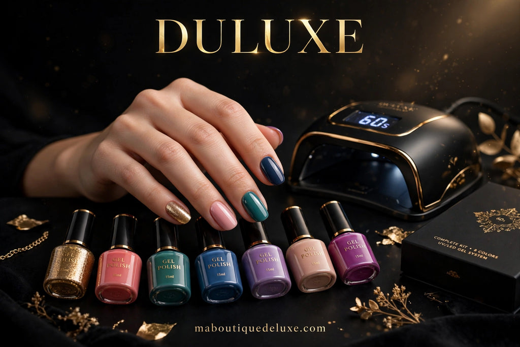 Kit Complet Manucure Gel LIMEGIRL (Lampe + Perceuse) — angle alternatif, ongles finis et vernis du kit
