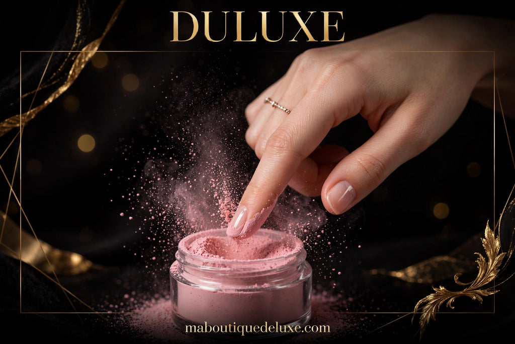 Poudre Dipping MEET ACROSS — en situation d'usage, ongle trempé dans la poudre