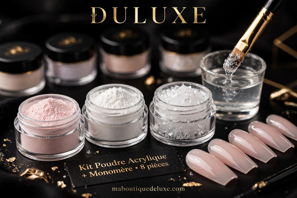 Kit Poudre Acrylique + Monomère 8 pcs — gros plan sur la texture fine des poudres acryliques