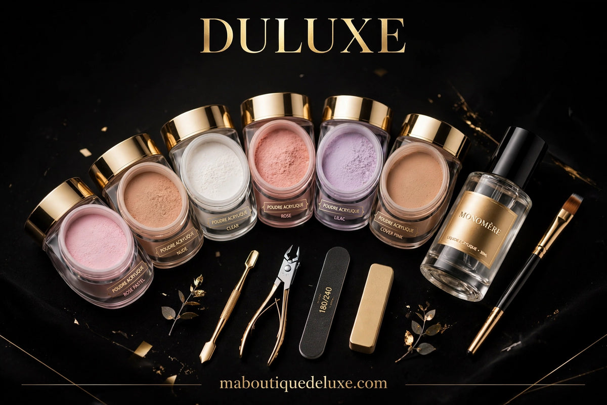 Kit Poudre Acrylique + Monomère 8 pcs — contenu complet étalé proprement, 8 pièces