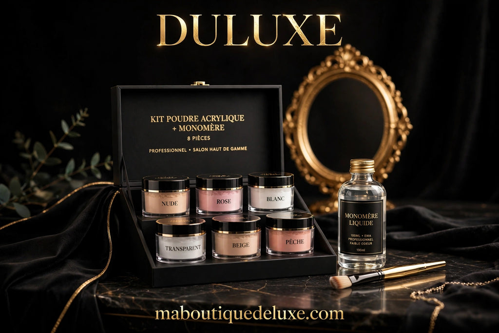 Kit Poudre Acrylique + Monomère 8 pcs — ambiance salon de beauté élégant