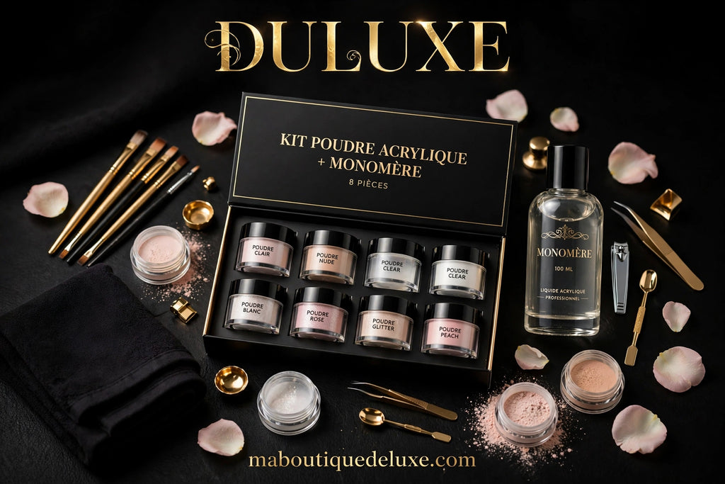 Kit Poudre Acrylique + Monomère 8 pcs — avant le rituel beauté, accessoires dorés