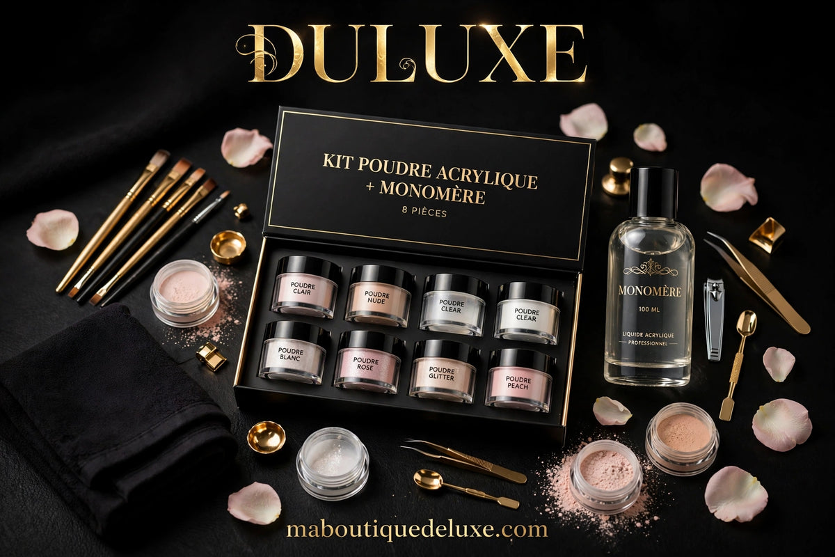 Kit Poudre Acrylique + Monomère 8 pcs — avant le rituel beauté, accessoires dorés