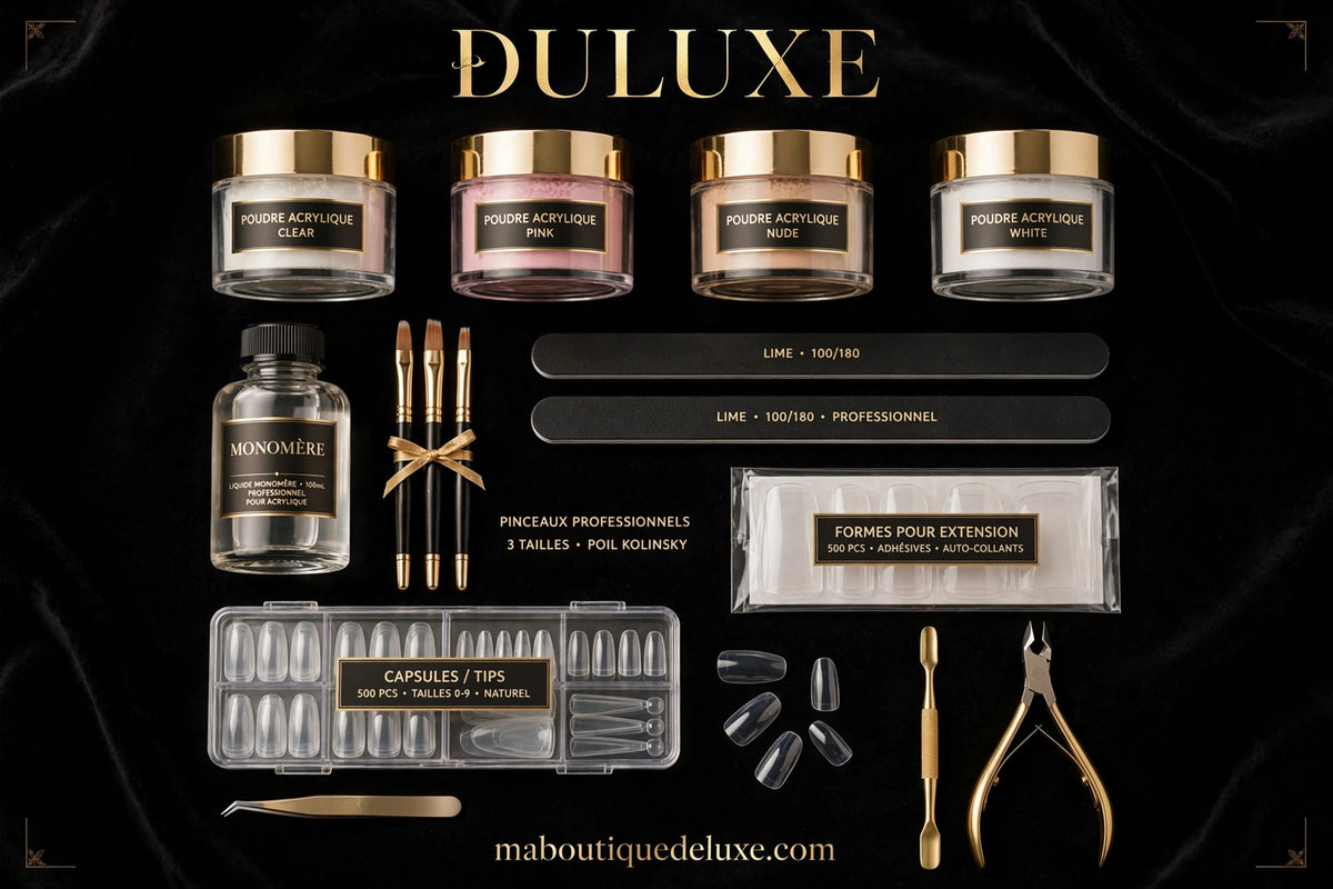 Kit Acrylique Professionnel pour Extension d'Ongles — contenu complet étalé proprement