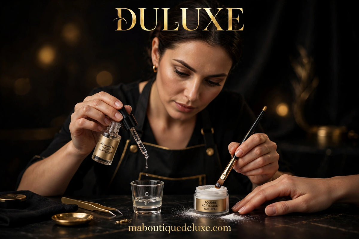 Monomère Liquide Acrylique Limegirl — en situation d'usage, pinceau trempé dans le monomère