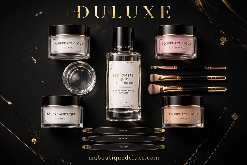 Monomère Liquide Sans Odeur NOCIS 75ml — produit et accessoires étalés proprement