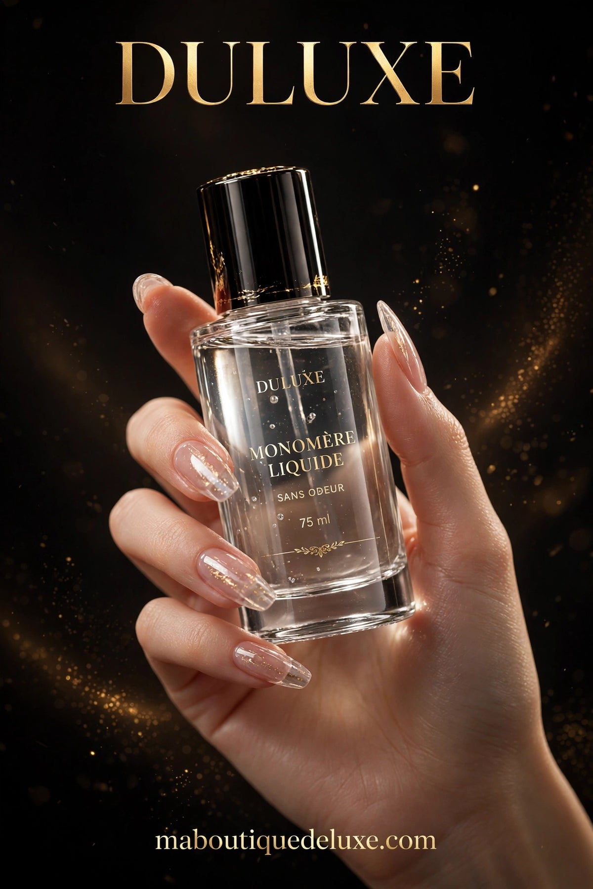 Monomère Liquide Sans Odeur NOCIS 75ml — angle alternatif, flacon tenu en main manucurée