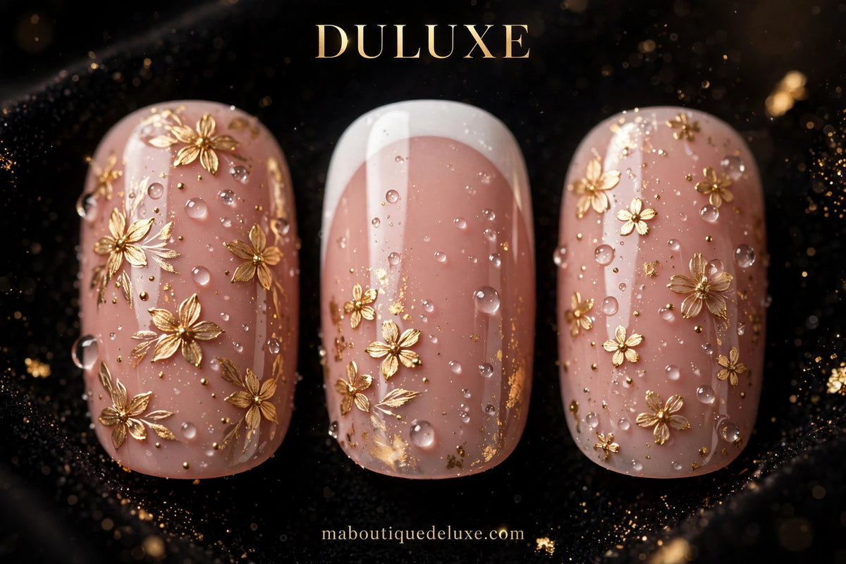 Faux Ongles Press-On French Fleurs Dorées 24 pcs — gros plan sur les fleurs dorées et la ligne french