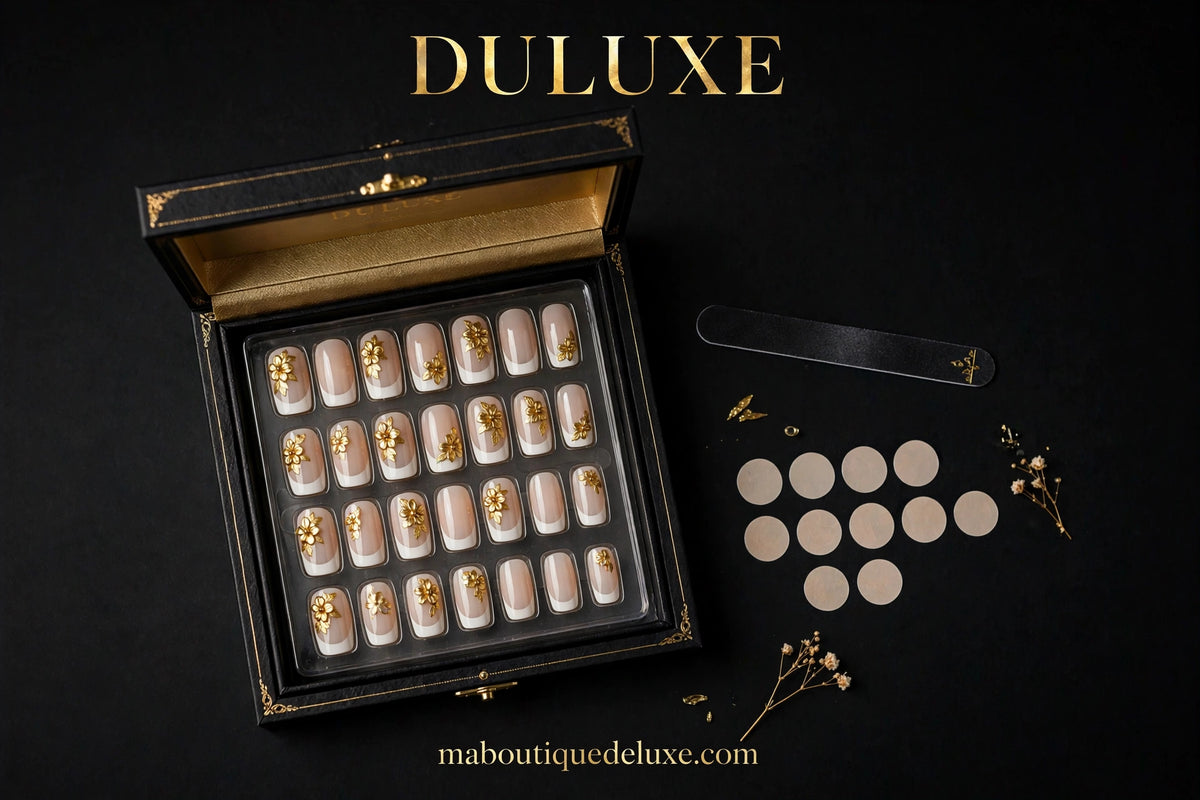 Faux Ongles Press-On French Fleurs Dorées 24 pcs — coffret ouvert, 24 ongles rangés par taille