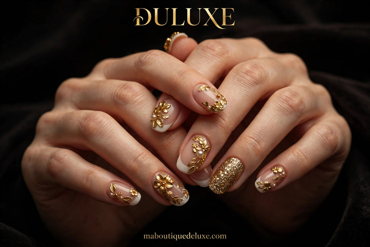 Faux Ongles Press-On French Fleurs Dorées 24 pcs — angle alternatif, variante fleurs dorées généreuses