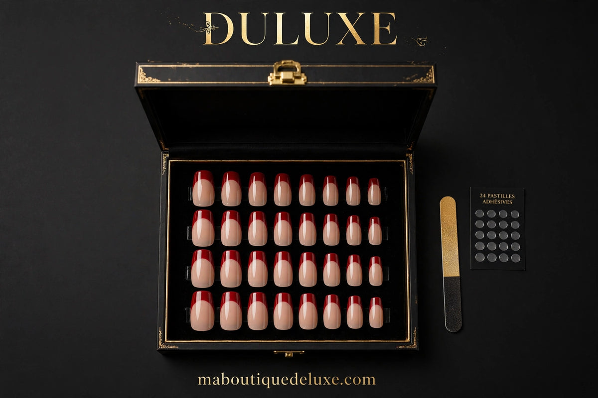 Faux Ongles French Rouges 24 pcs — coffret ouvert, 24 ongles rangés par taille