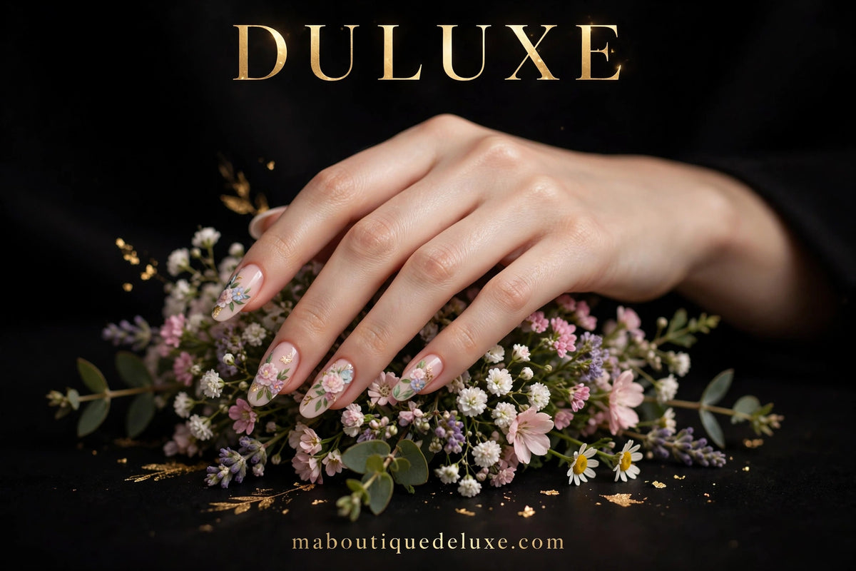 Faux Ongles Fleurs Ballet 24 pcs — en situation d'usage, main délicate sur bouquet de fleurs