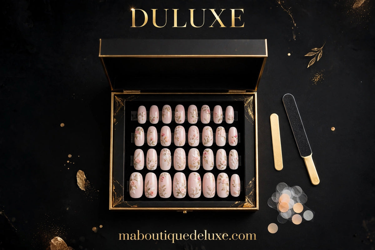 Faux Ongles Fleurs Ballet 24 pcs — coffret ouvert, 24 ongles rangés par taille