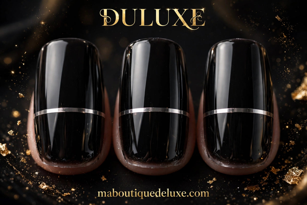 Faux Ongles Noirs Rayure Argentée 24 pcs — gros plan sur la fine ligne argentée métallique