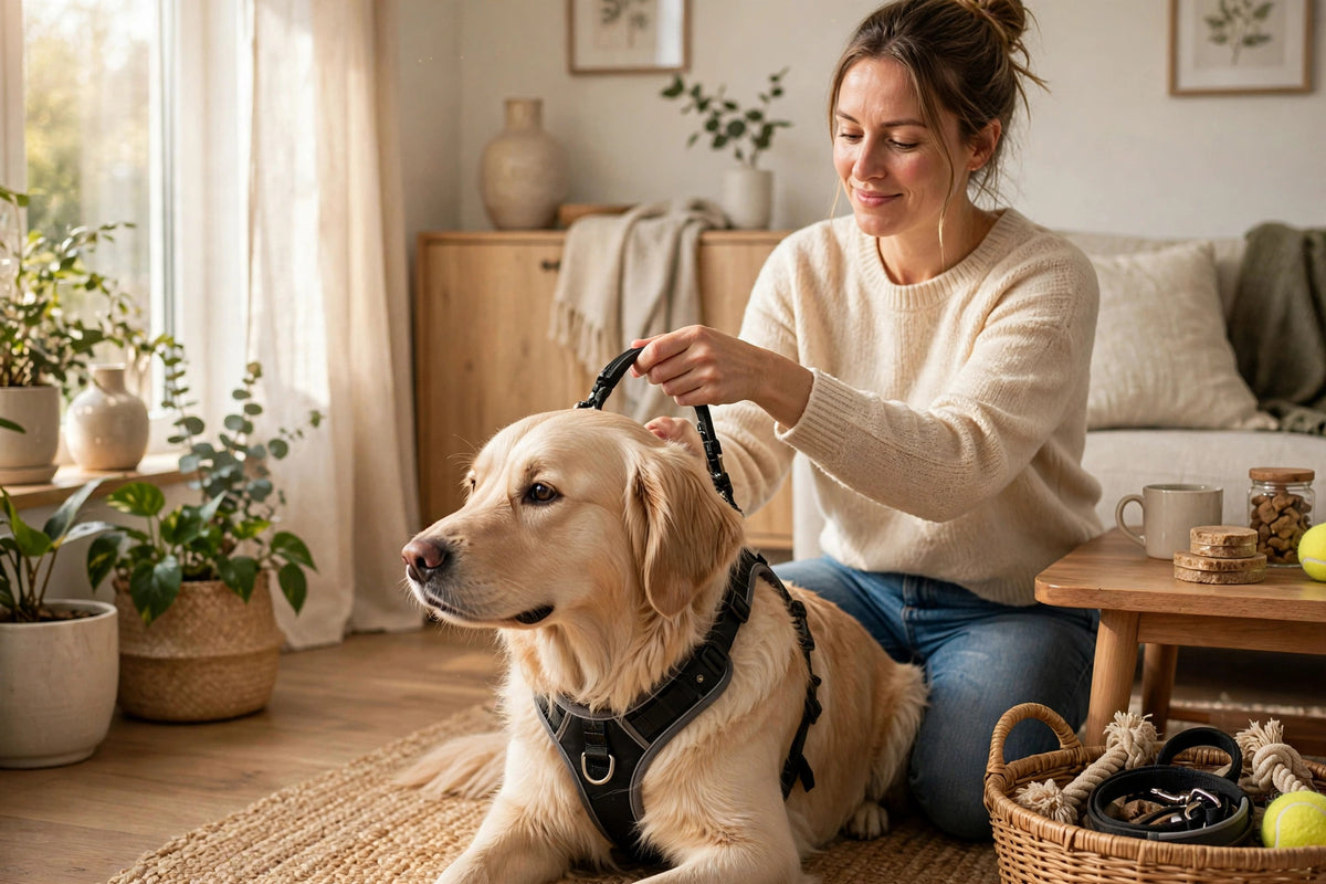 Harnais anti-traction enfilé facilement sur un chien calme à la maison