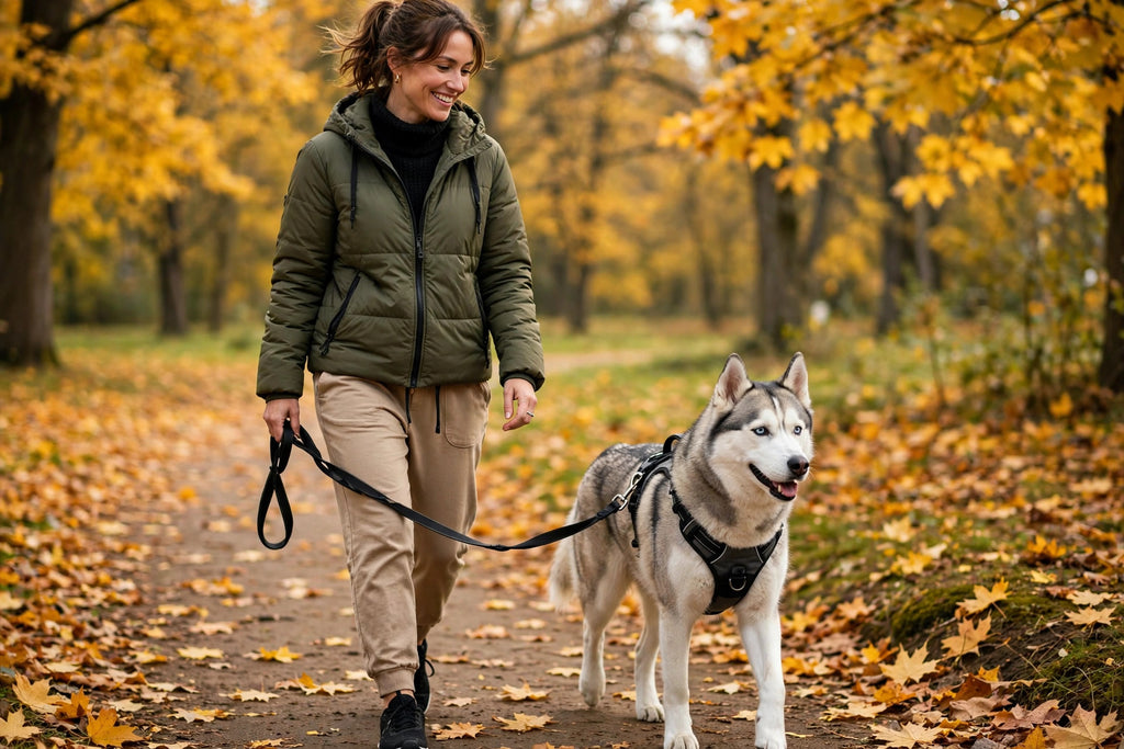 Femme promenant calmement un husky avec le harnais anti-traction en automne