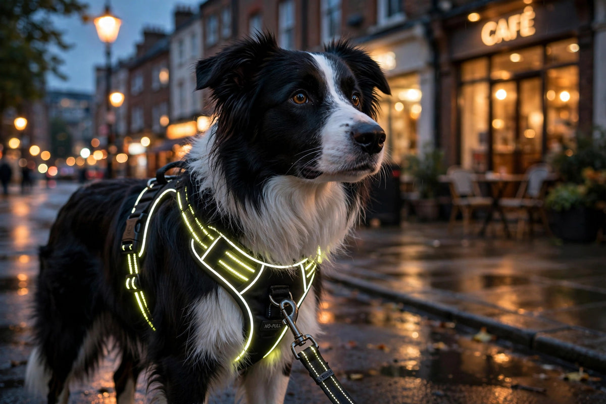 Chien en promenade du soir, bandes réfléchissantes du harnais bien visibles