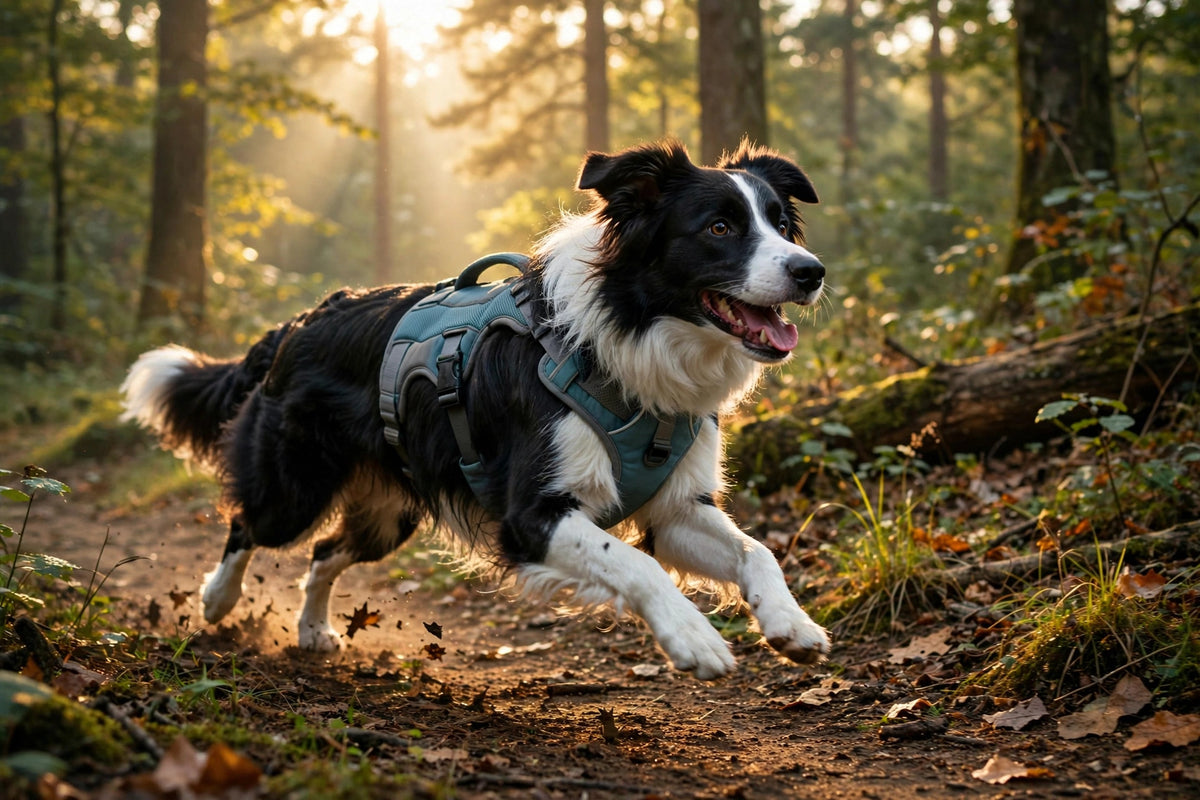 Border collie courant en forêt avec son harnais anti-traction rembourré