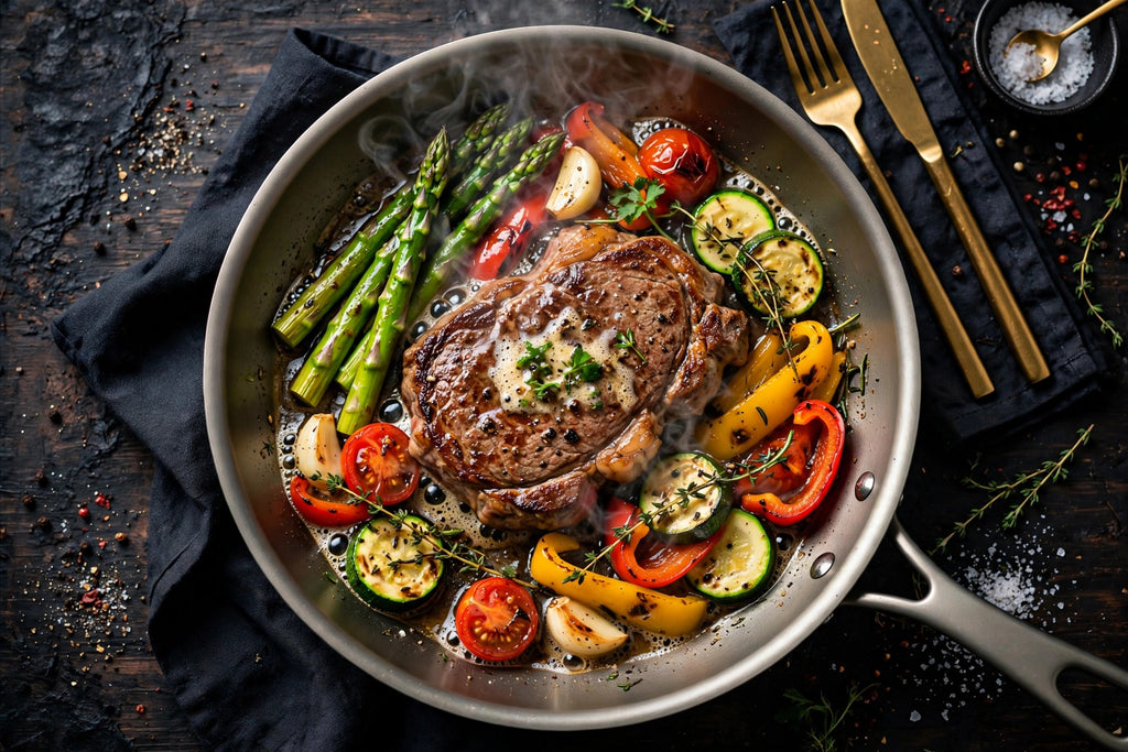 Légumes et steak grillés dans la poêle en titane, vue de dessus