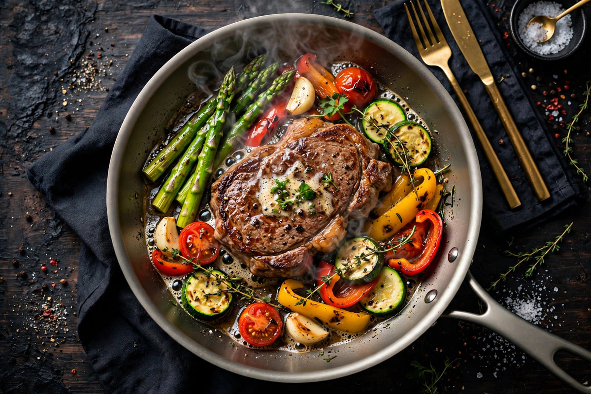 Légumes et steak grillés dans la poêle en titane, vue de dessus