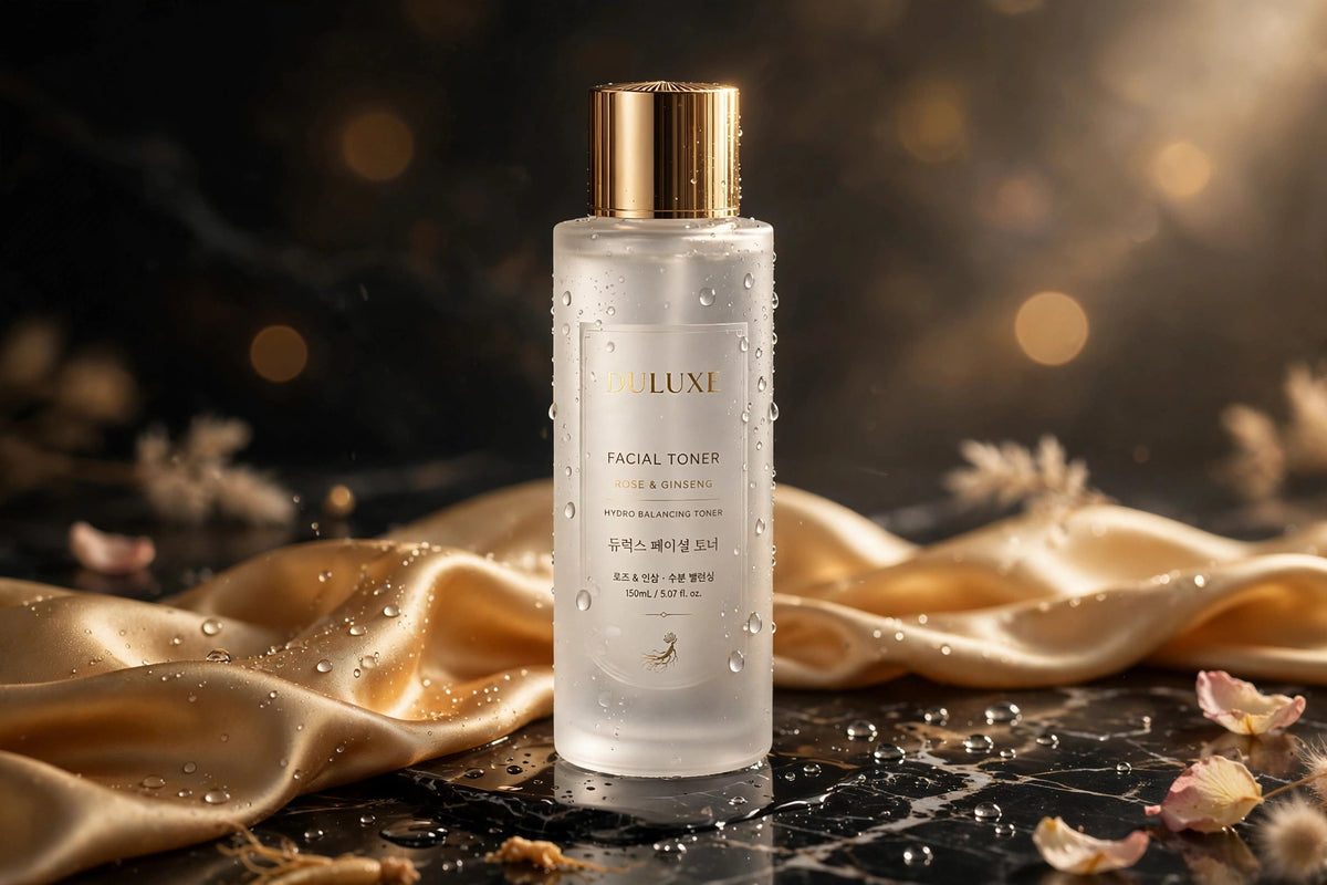 Toner Éclat EGF aux Peptides de Soie DULUXE – flacon en verre dépoli et bouchon doré sur marbre noir