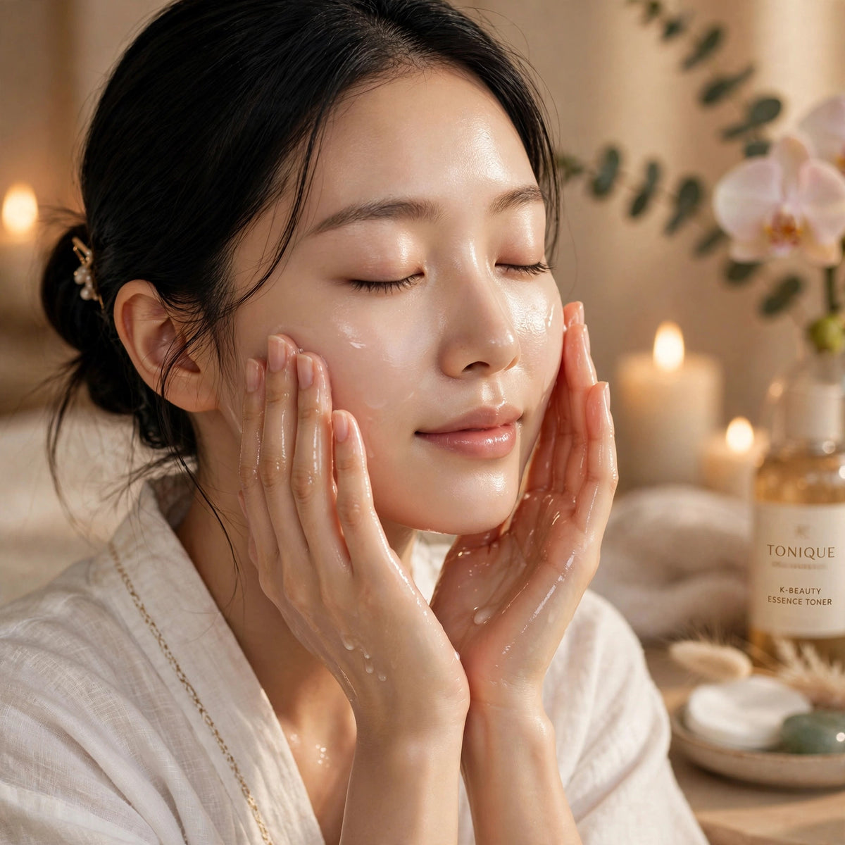 Femme à la peau lumineuse appliquant le toner éclat EGF aux peptides de soie