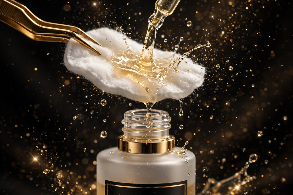 Essence du toner EGF versée sur un coton, gros plan luxueux
