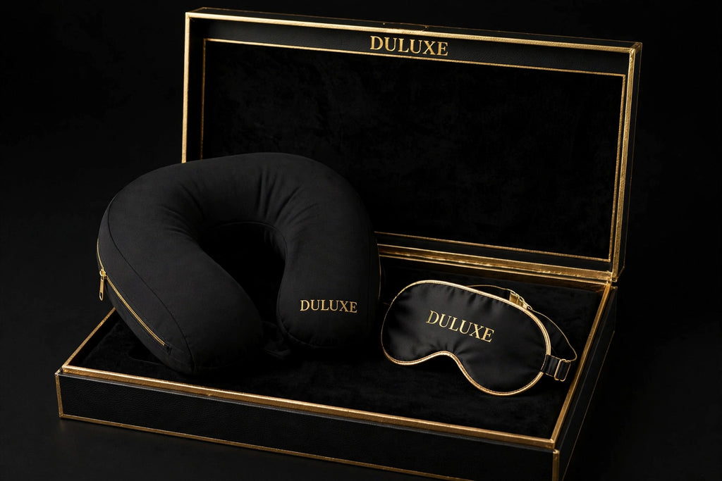 Pack Oreiller de Voyage DULUXE et Masque de nuit assorti en écrin noir et doré