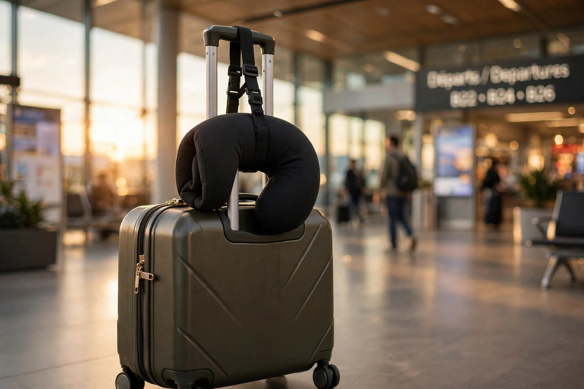 L'Oreiller de Voyage DULUXE accroché à une valise cabine, prêt à partir