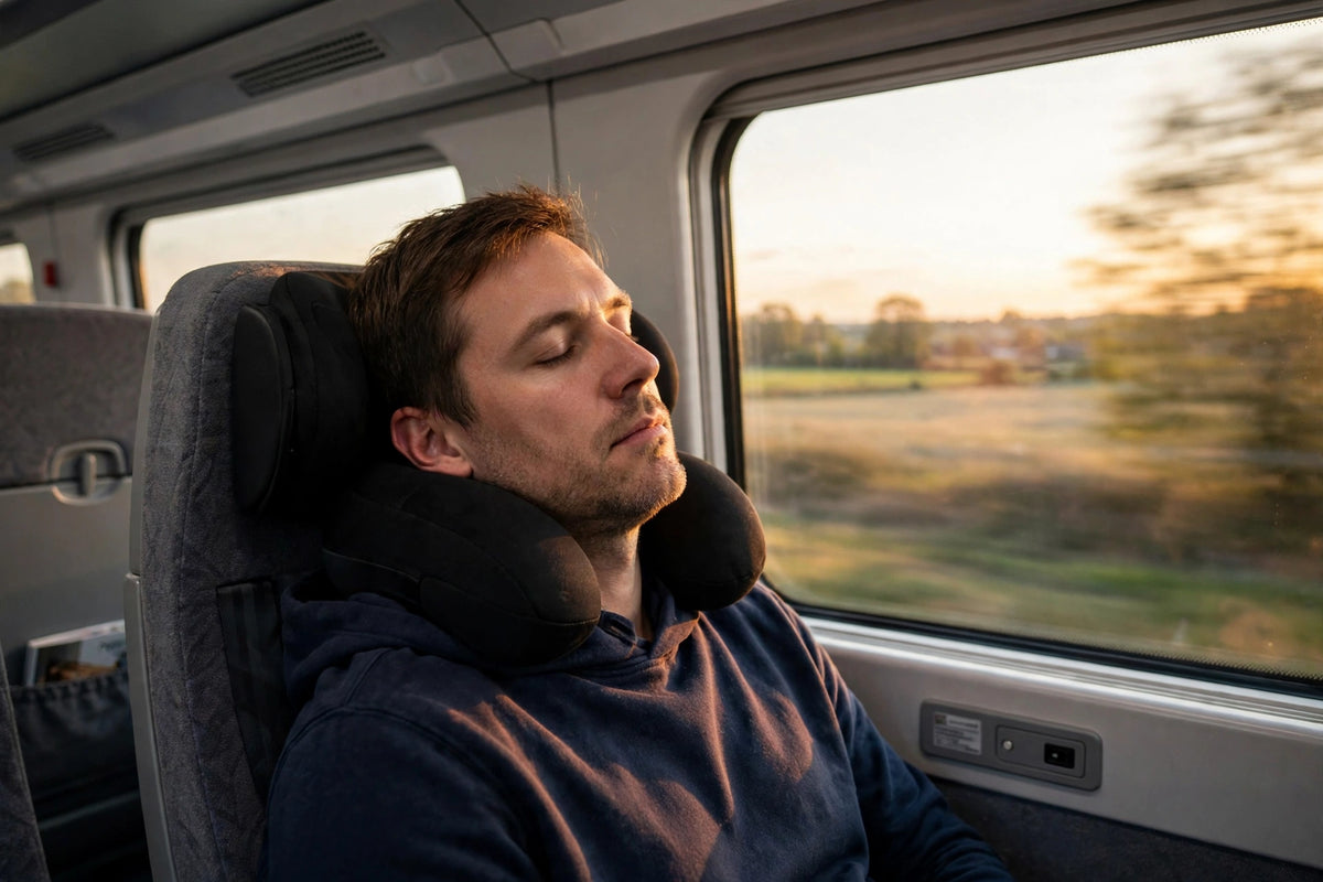 Dormir confortablement en train avec l'Oreiller de Voyage à Maintien de Tête DULUXE