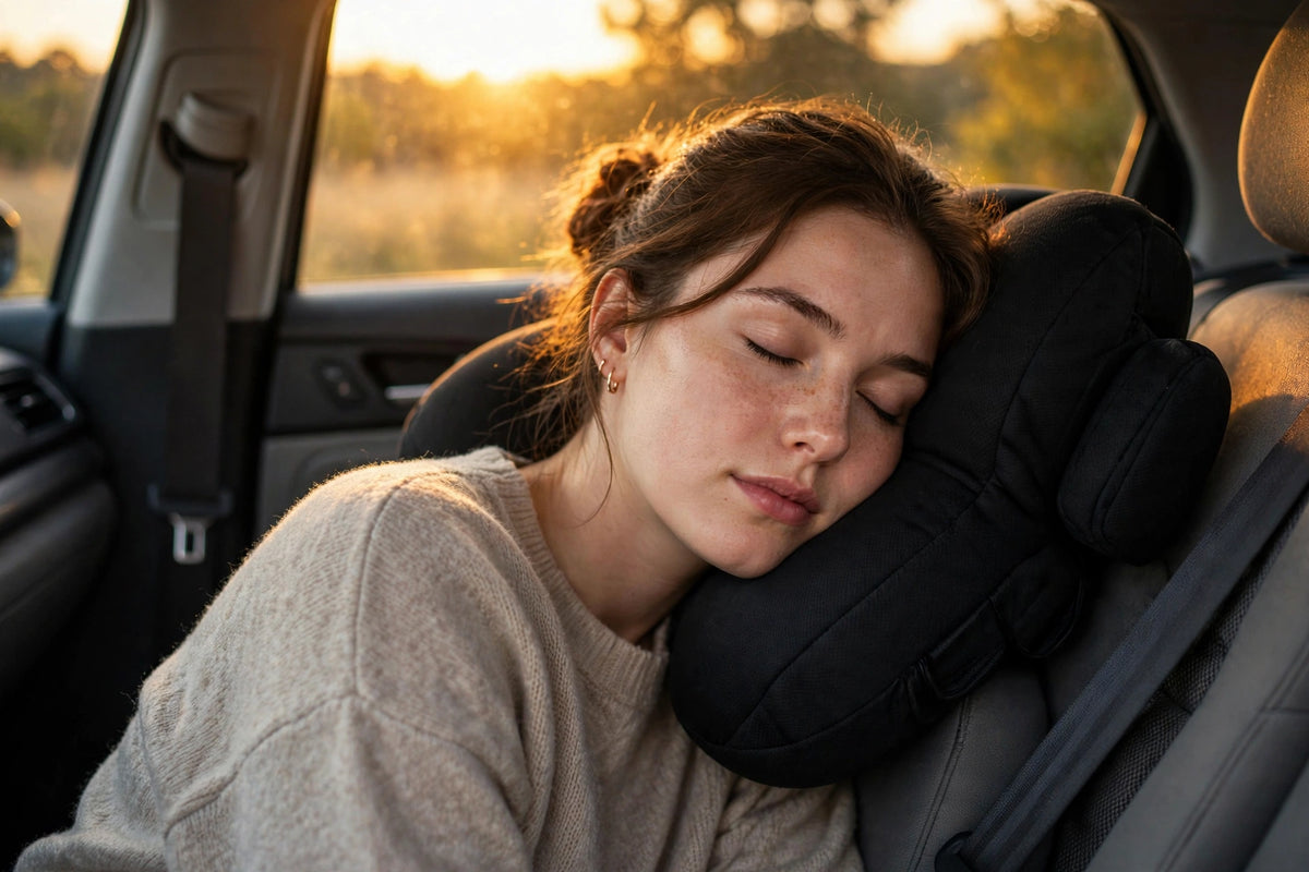 Sieste de passagère en voiture avec l'Oreiller de Voyage à Maintien de Tête DULUXE