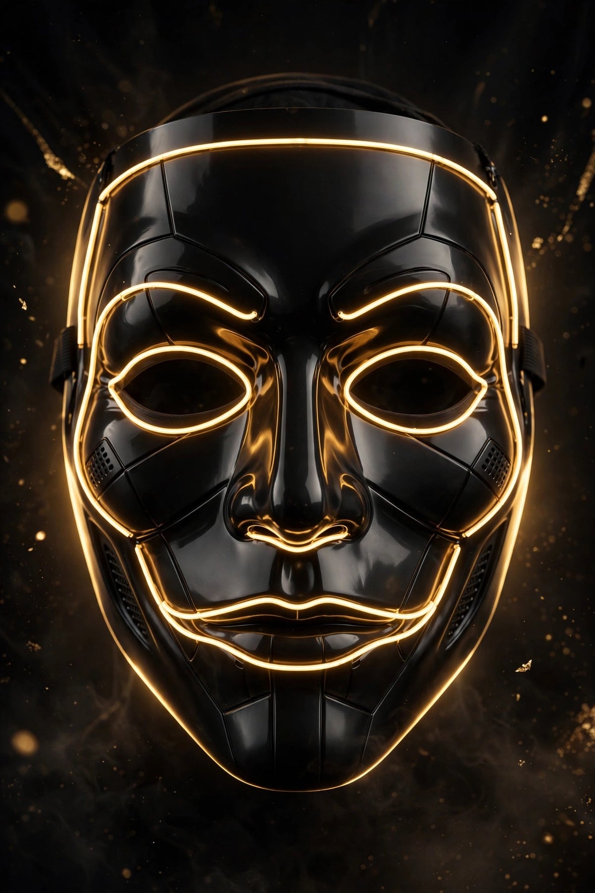 Masque Purge LED Néon DULUXE allumé sur fond noir et doré